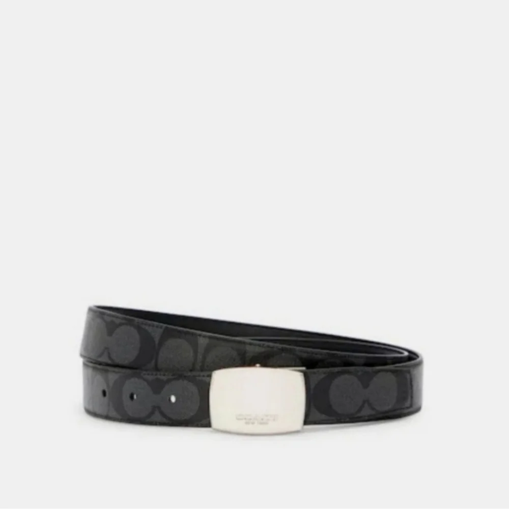 Coach Black Brown Leather Monogram Logo Mod Plaque Reversible Belt